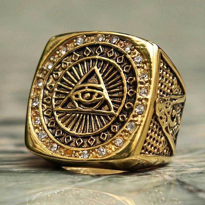 1️⃣ All Seeing Eye Ring Masonic Stainless Steel Crystal Gold Gothic Ring for Men