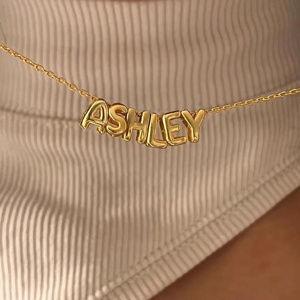 Stainless Steel PVD Bubble Chunky Initial Pendant Necklace 26 Letters Zircon Jew