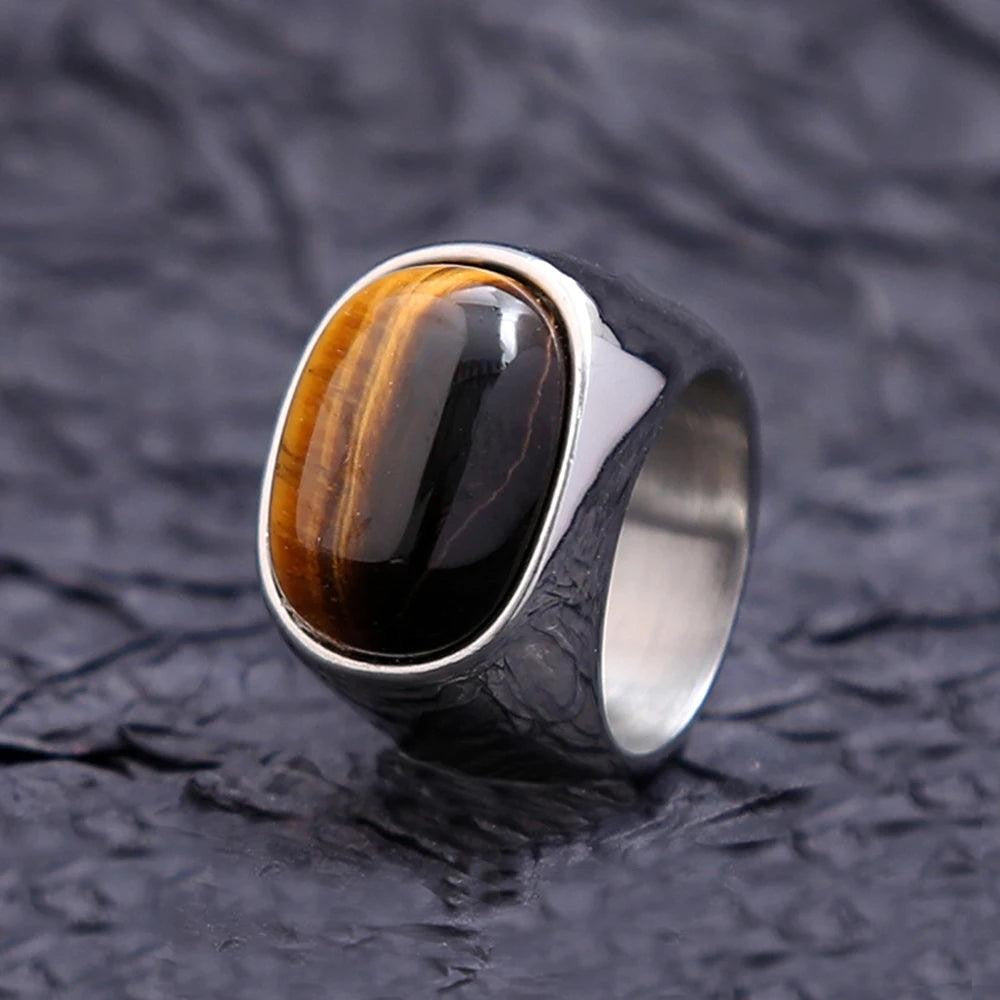 Stainless Steel Tiger Eye Ring | Vintage Brown Stone Biker Ring for Men Women