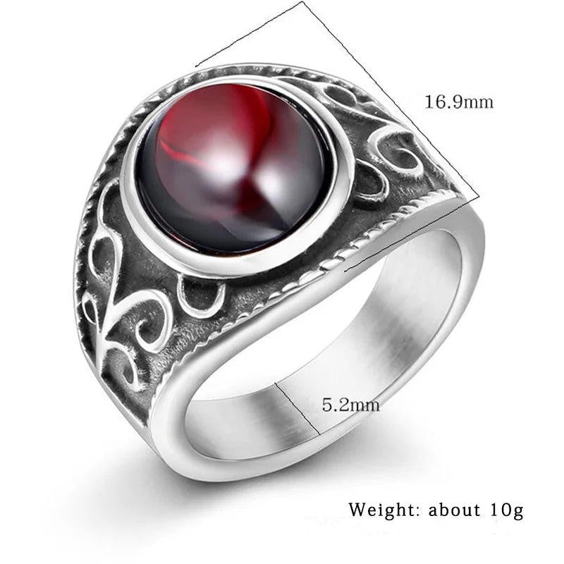 2️⃣ Vintage Gothic Garnet Ring Engraved Flower Stainless Steel Ring Men Women