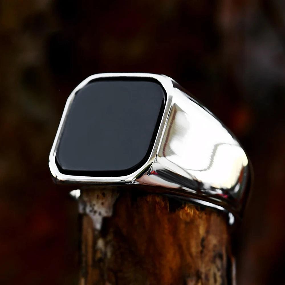 Stainless Steel Black Agate Square Ring Punk Biker Signet Ring Men Women