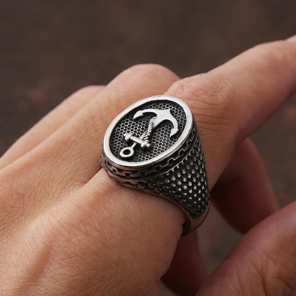 1️⃣ Viking Anchor Ring Stainless Steel Punk Biker Seal Ring for Men