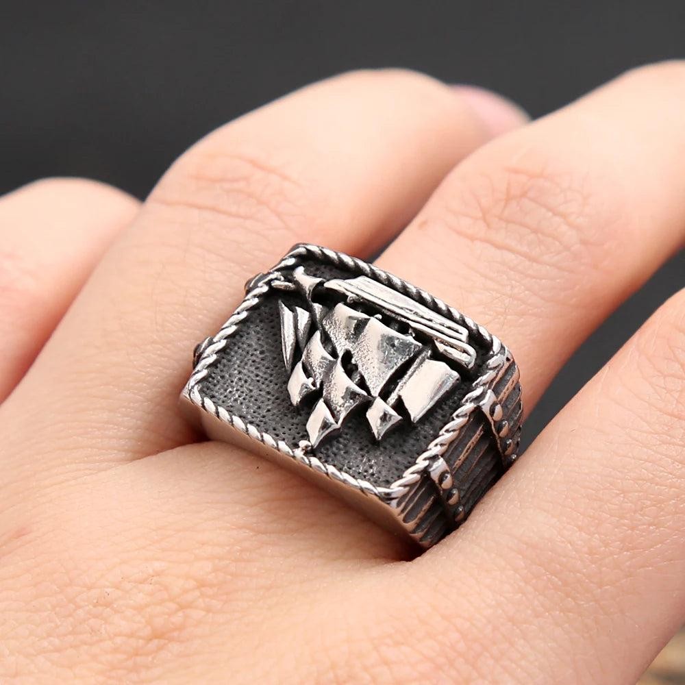 Stainless Steel Viking Pirate Ship Ring Sailboat Sailor Amulet Ring Men