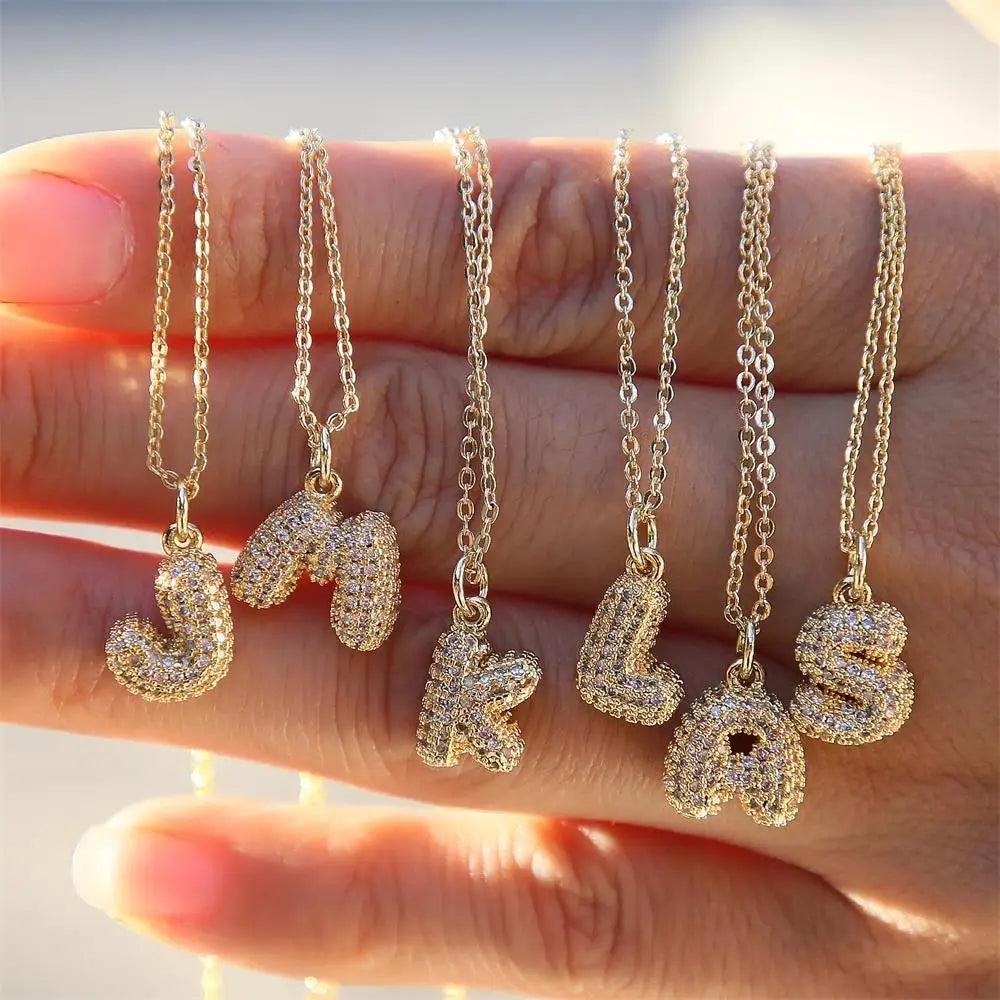 Stainless Steel PVD Bubble Chunky Initial Pendant Necklace 26 Letters Zircon Jew
