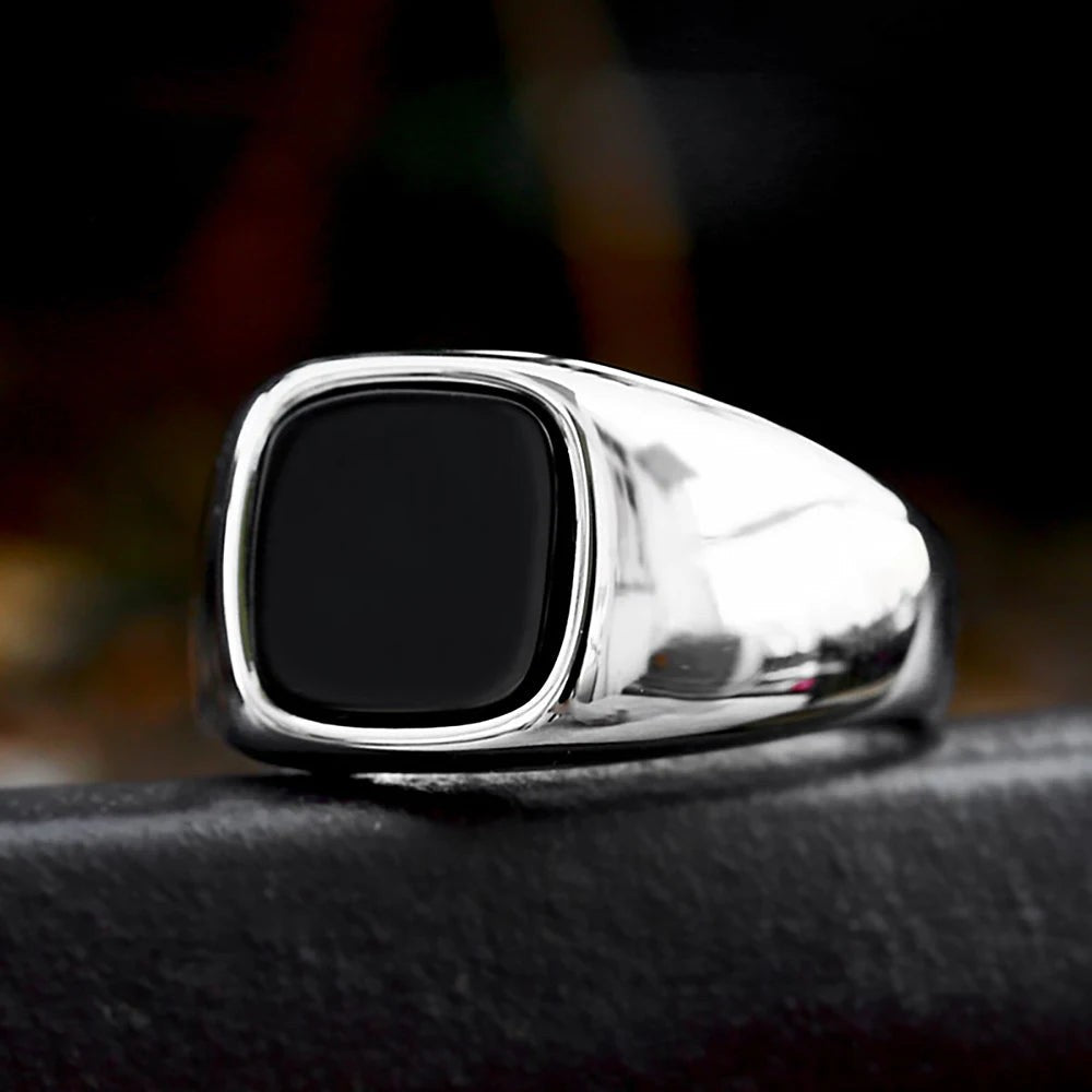 Stainless Steel Black Agate Square Ring Punk Biker Signet Ring Men Women