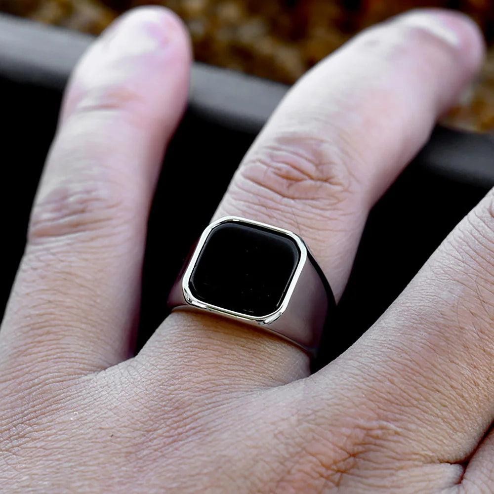 Stainless Steel Black Agate Square Ring Punk Biker Signet Ring Men Women