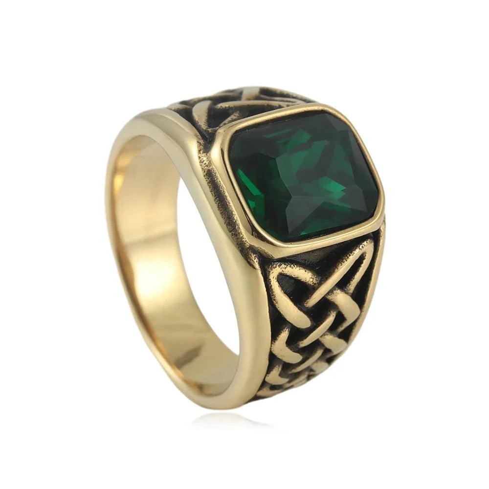 Stainless Steel Viking Rune Ring | Nordic Knot Square Red Stone Ring Unisex
