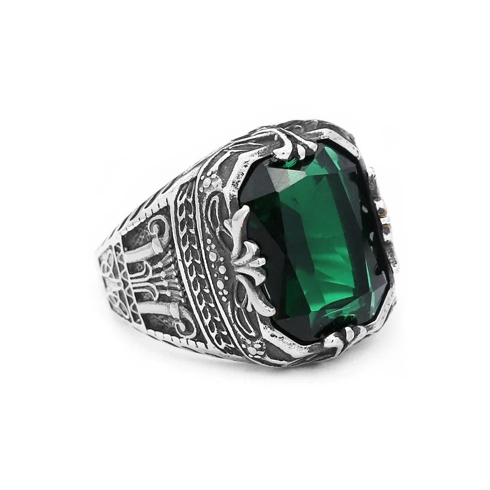 316L Stainless Steel Green Stone Turkish Signet Ring Punk Biker Men Women