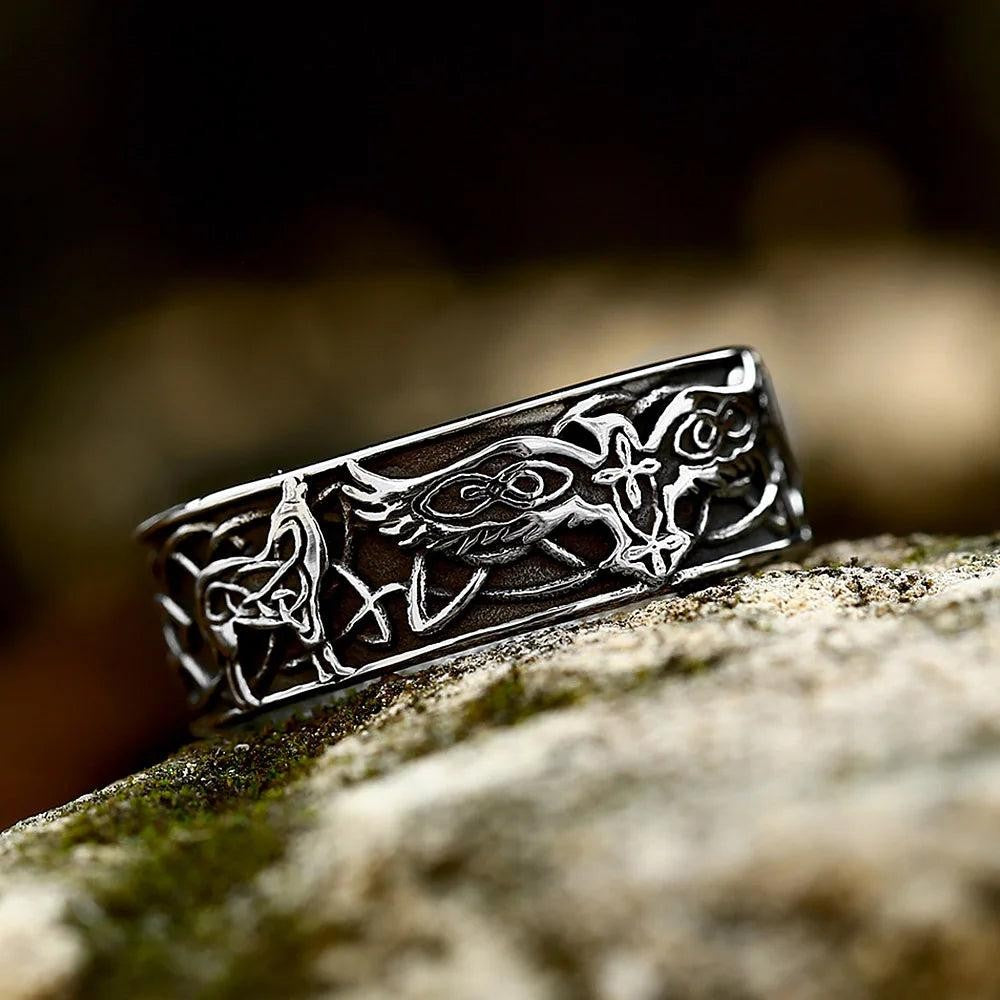Stainless Steel Viking Wolf Ring | Celtic Knot Nordic Punk Amulet Ring