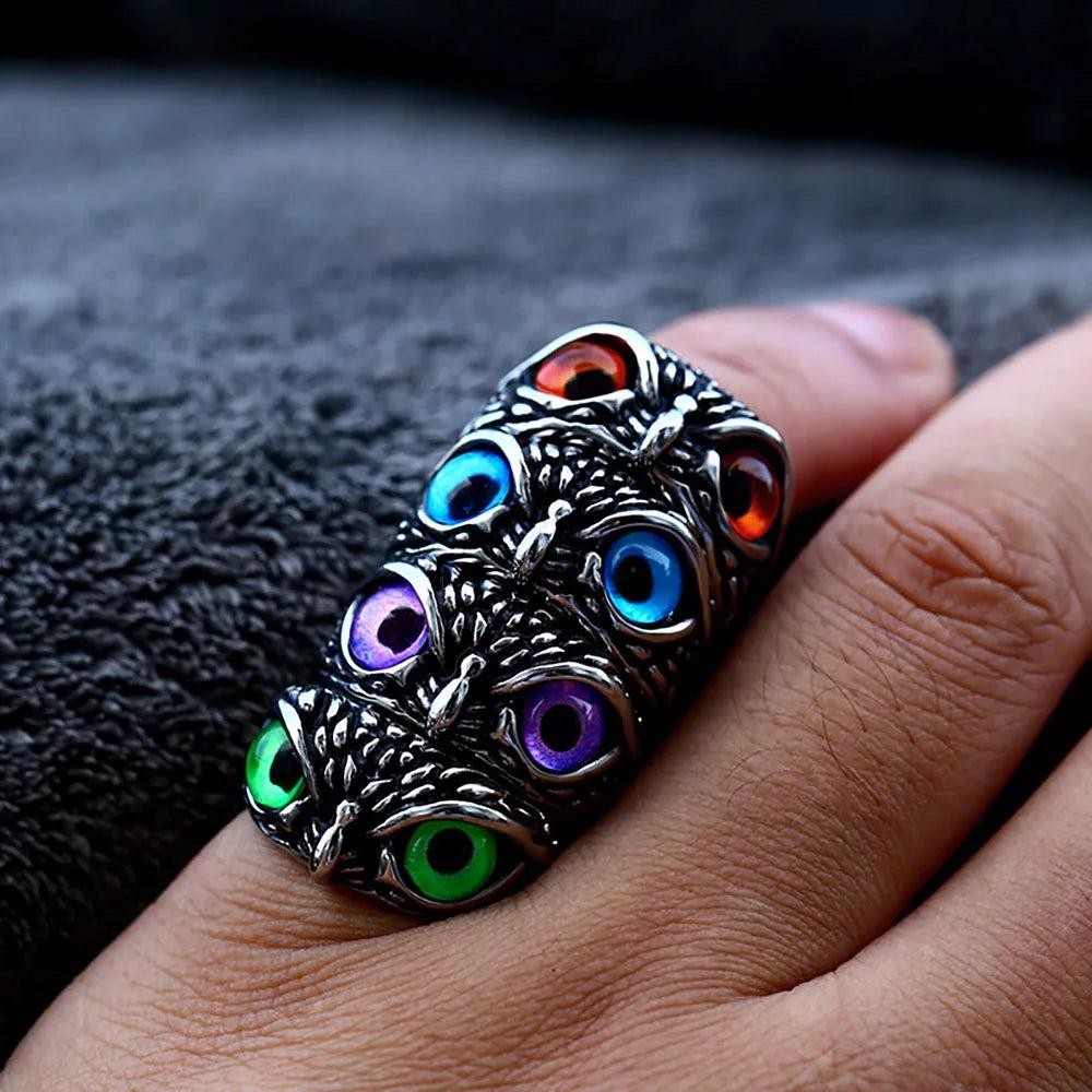 Owl Ring with Stone Eyes – Stainless Steel Cute Animal Punk Ring Unisex