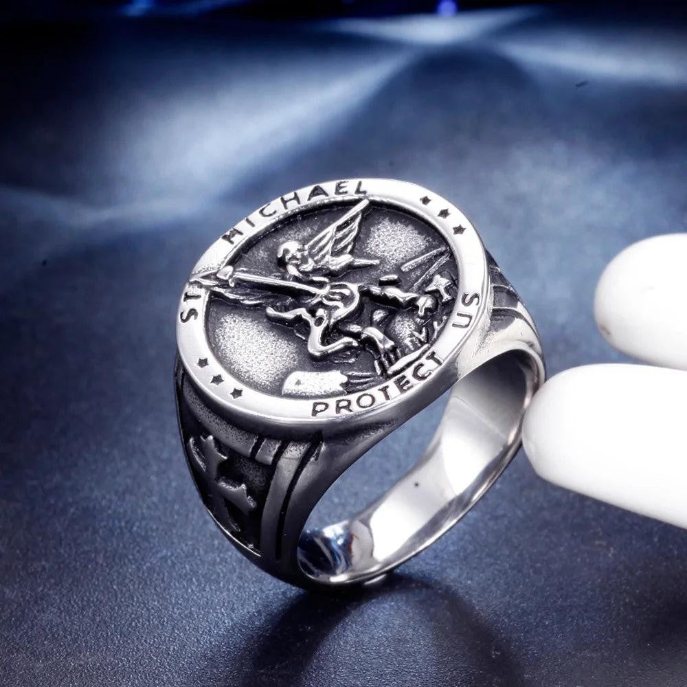 1️⃣ Saint Michael Angel Ring Stainless Steel Catholic Amulet Ring for Men