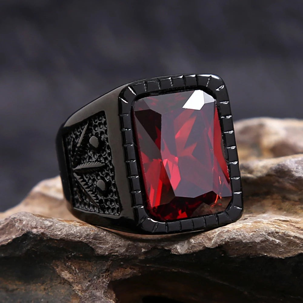 Stainless Steel Red Stone Square Ring – Punk Biker Black Leaf Ring for Men