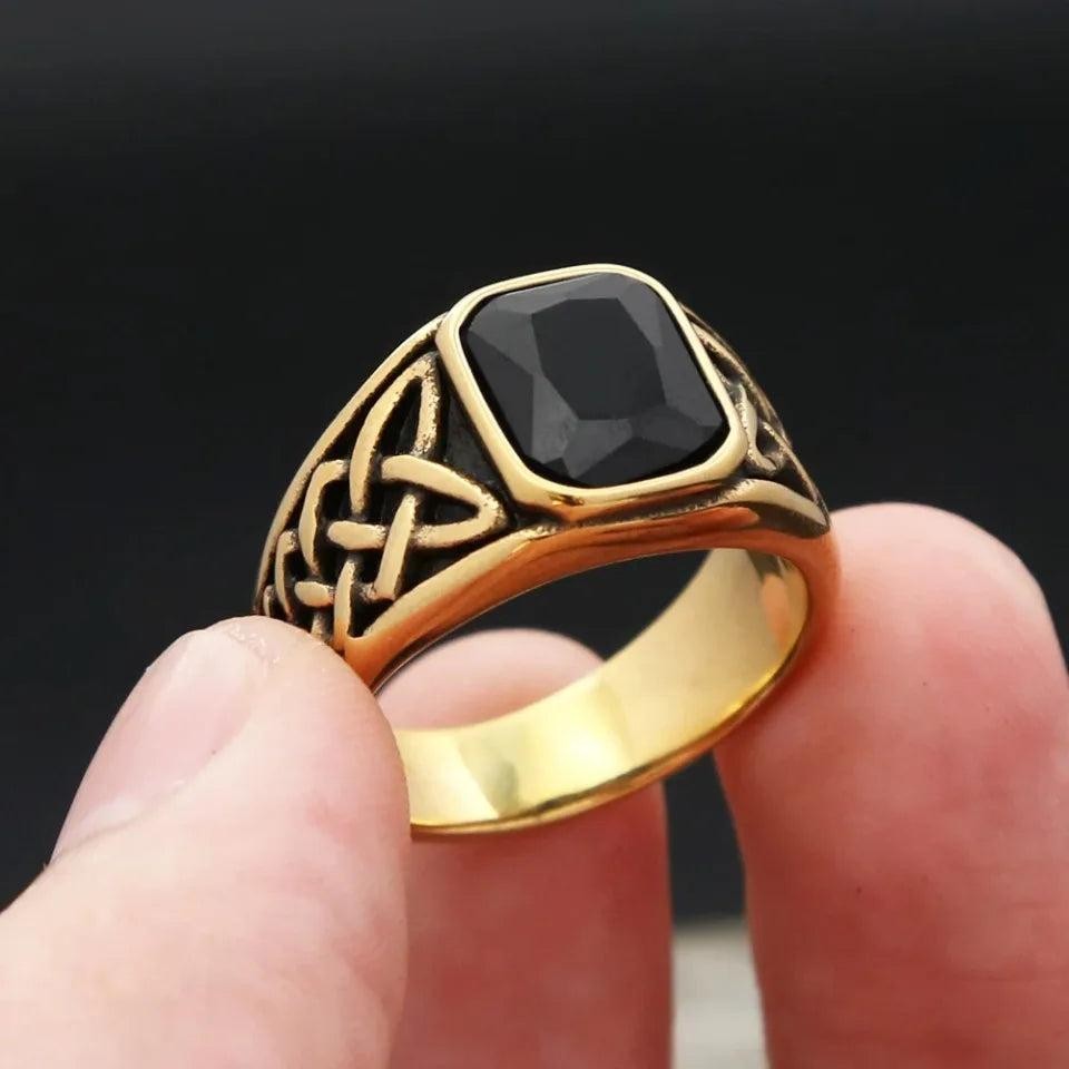 Stainless Steel Viking Rune Ring | Nordic Knot Square Red Stone Ring Unisex