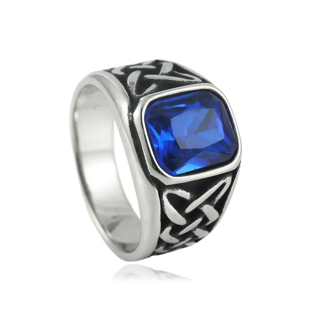 Stainless Steel Viking Rune Ring | Nordic Knot Square Red Stone Ring Unisex