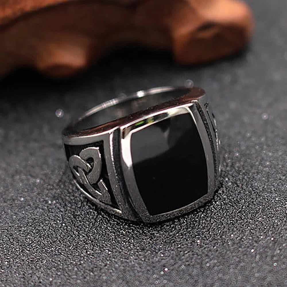 1️⃣ Nordic Viking Celtic Knot Ring Black Stone Stainless Steel Ring Men