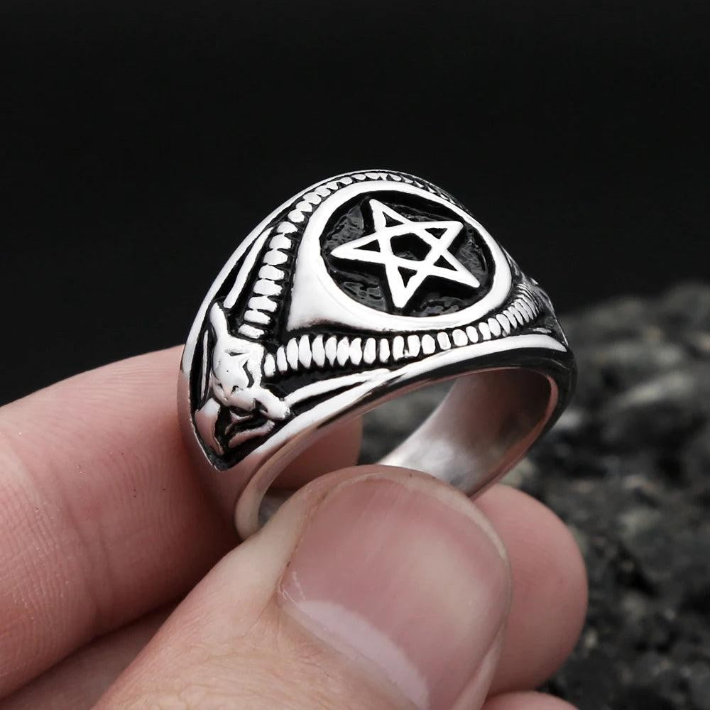 Vintage Pentagram Ring Stainless Steel – Gothic Goat Devil Demon Biker Ring