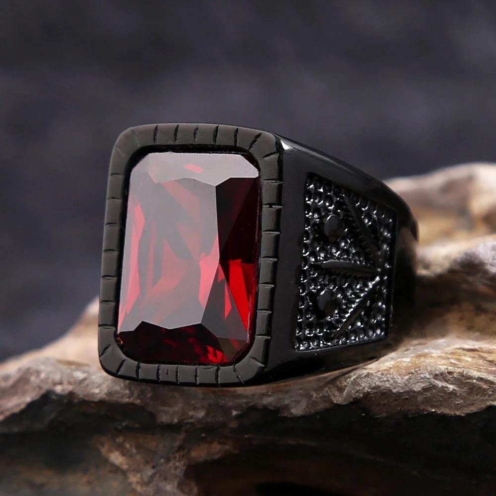Stainless Steel Red Stone Square Ring – Punk Biker Black Leaf Ring for Men