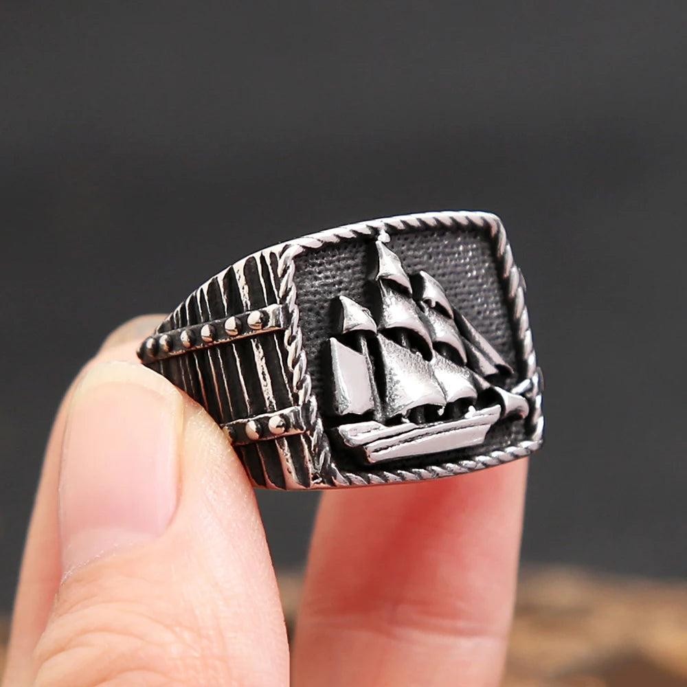 Stainless Steel Viking Pirate Ship Ring Sailboat Sailor Amulet Ring Men
