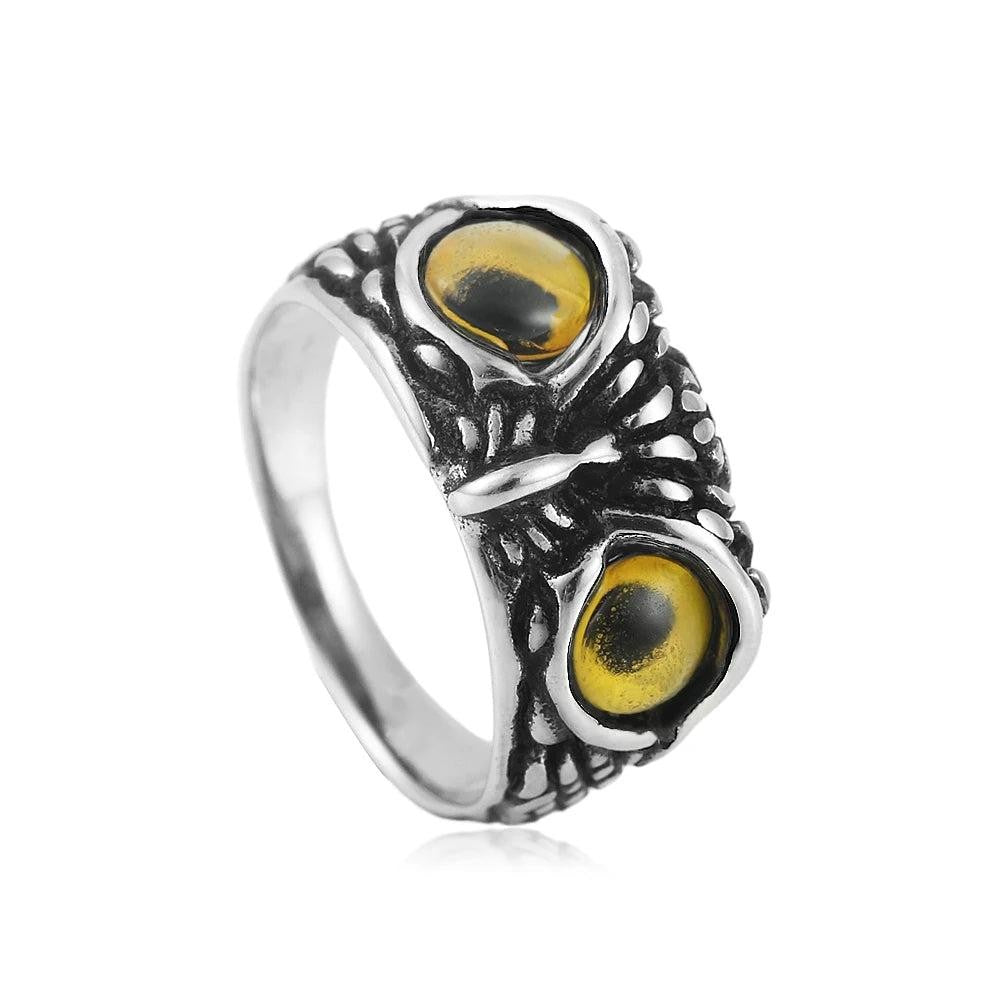 Owl Ring with Stone Eyes – Stainless Steel Cute Animal Punk Ring Unisex