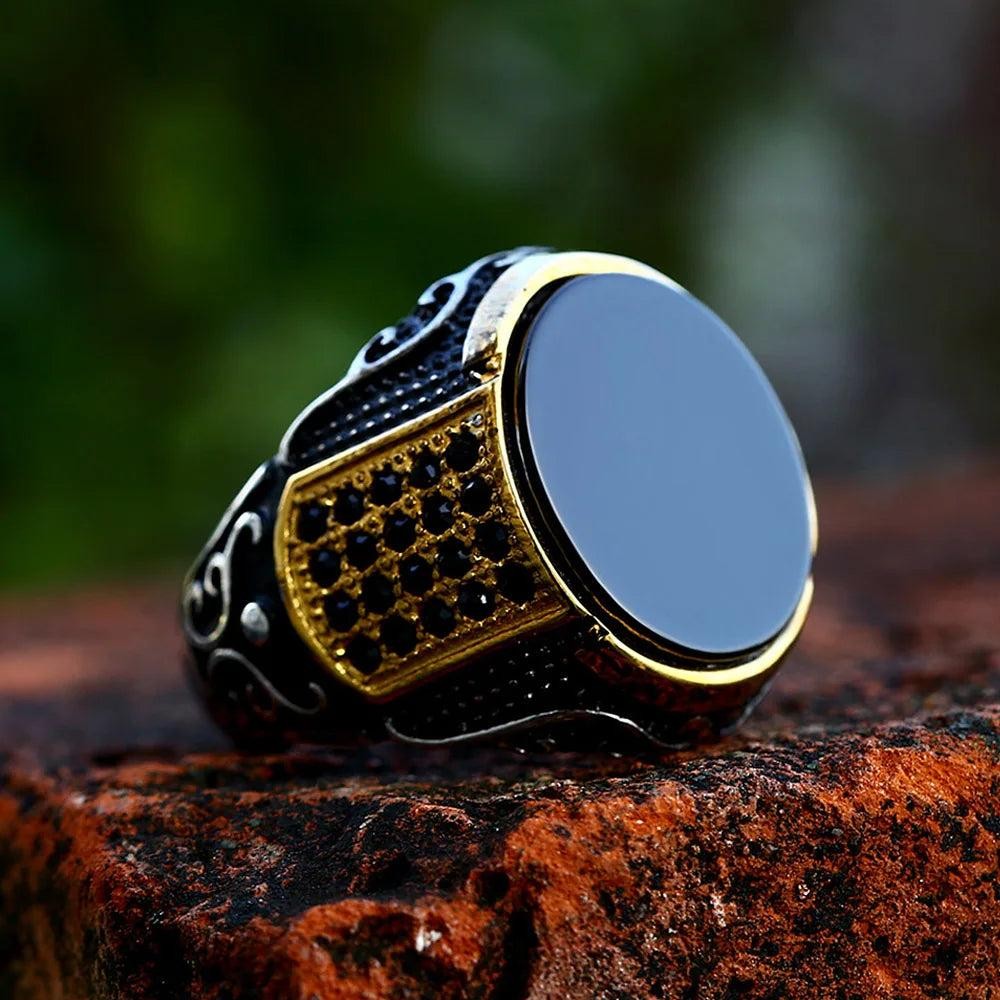 1️⃣ Gothic Black Stone Ring Gold Stainless Steel Punk Biker Ring Men