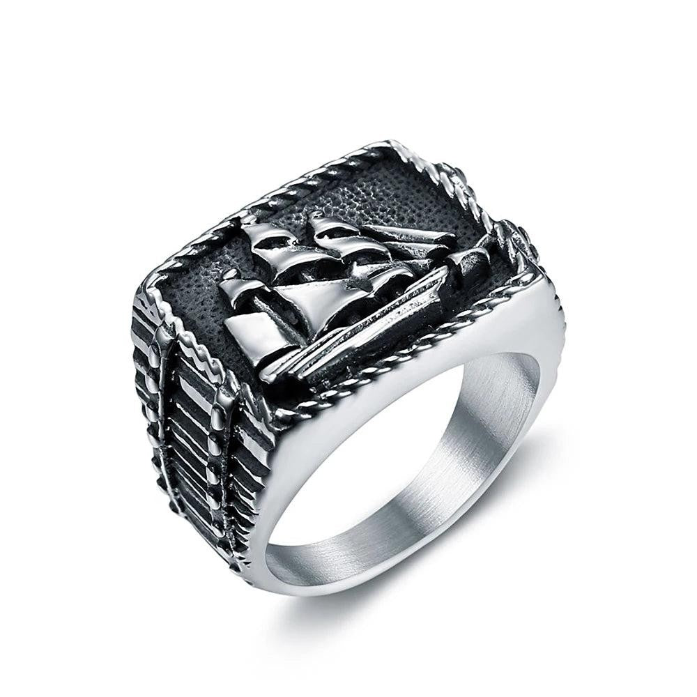 Stainless Steel Viking Pirate Ship Ring Sailboat Sailor Amulet Ring Men