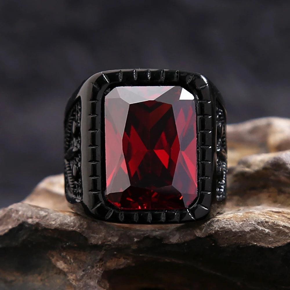Stainless Steel Red Stone Square Ring – Punk Biker Black Leaf Ring for Men