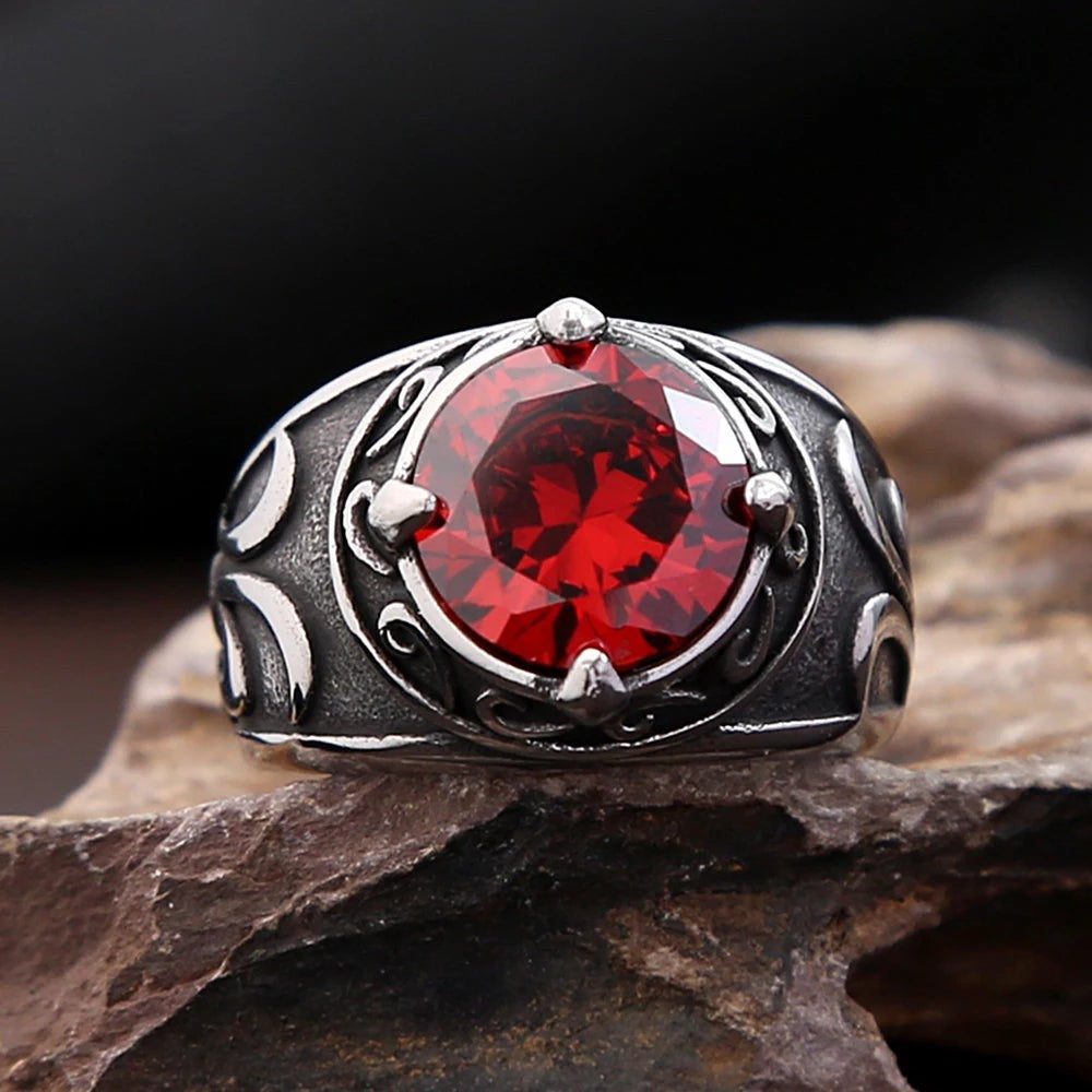 Stainless Steel Engraved Flower Ring Red Stone Vintage Punk Ring Men Women