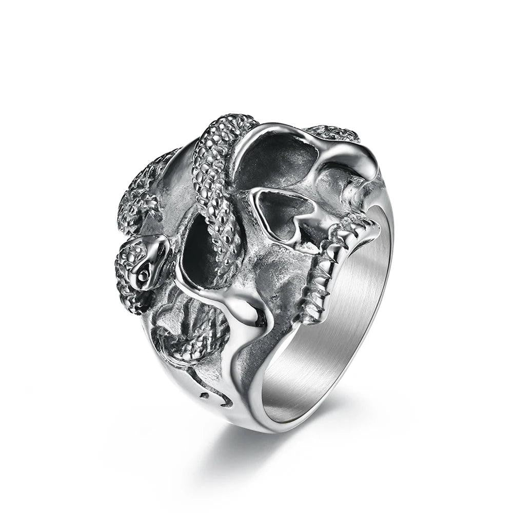 Gothic Skull Snake Ring Stainless Steel Punk Vintage Ring Men Women
