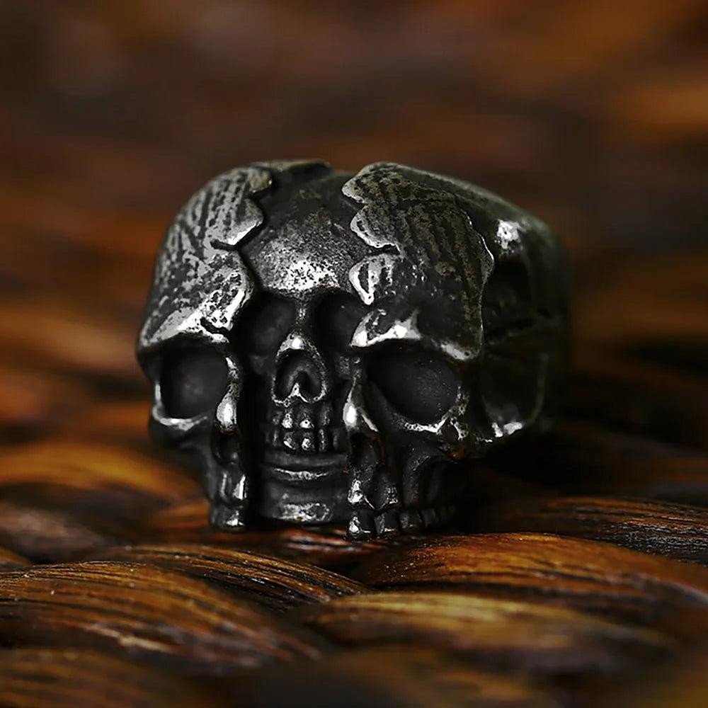 Gothic Broken Skull Ring Stainless Steel Biker Skeleton Ring Men