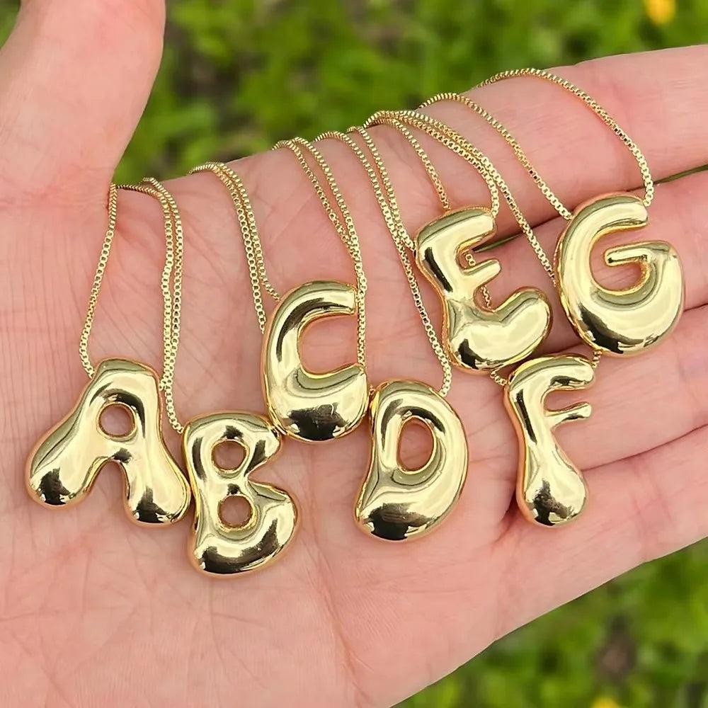 Stainless Steel PVD Bubble Chunky Initial Pendant Necklace 26 Letters Zircon Jew