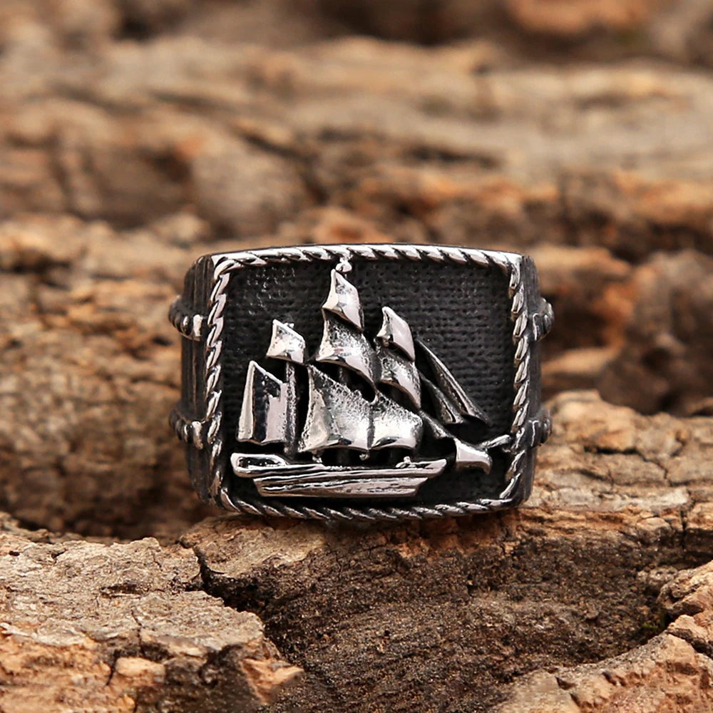 Stainless Steel Viking Pirate Ship Ring Sailboat Sailor Amulet Ring Men
