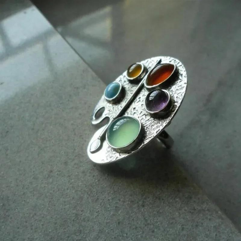 Creative Geometry Silver Metal Oval Inlaid Colored Stones Adjustable Women Ring