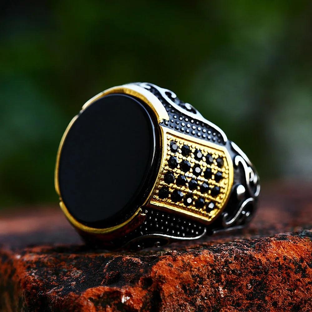 1️⃣ Gothic Black Stone Ring Gold Stainless Steel Punk Biker Ring Men
