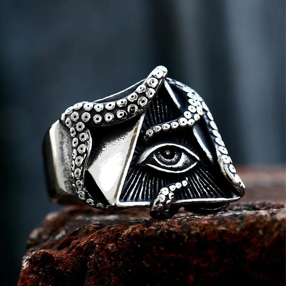 All Seeing Eye Octopus Ring Stainless Steel Punk Amulet Ring Men Women
