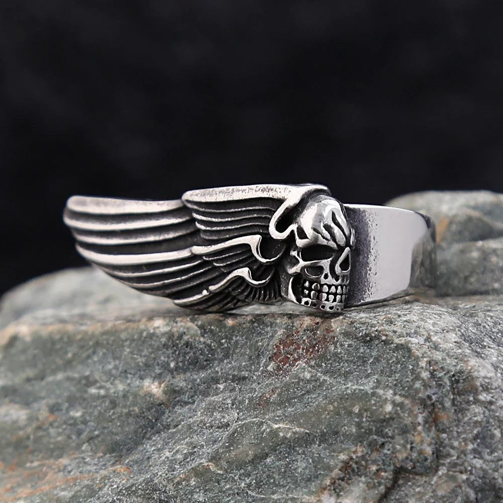 316L Stainless Steel Skull Wing Ring Punk Gothic Feather Ring Men Women