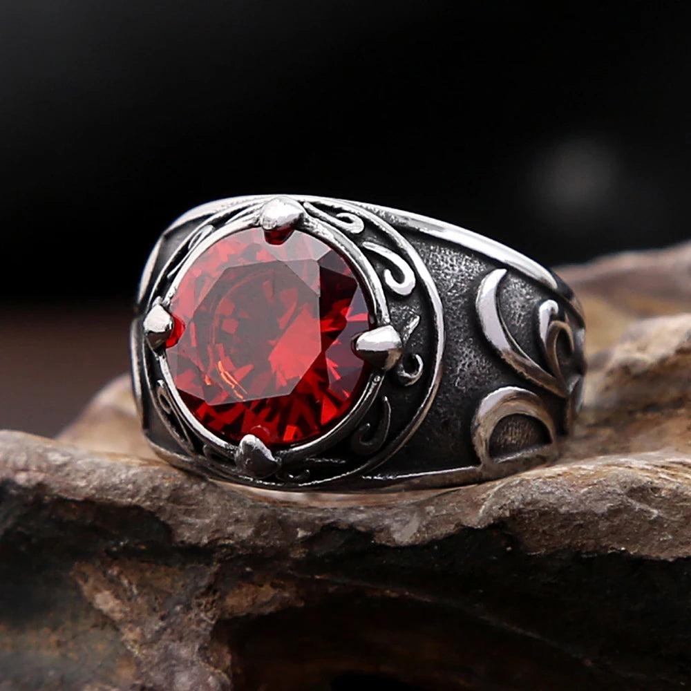 Stainless Steel Engraved Flower Ring Red Stone Vintage Punk Ring Men Women