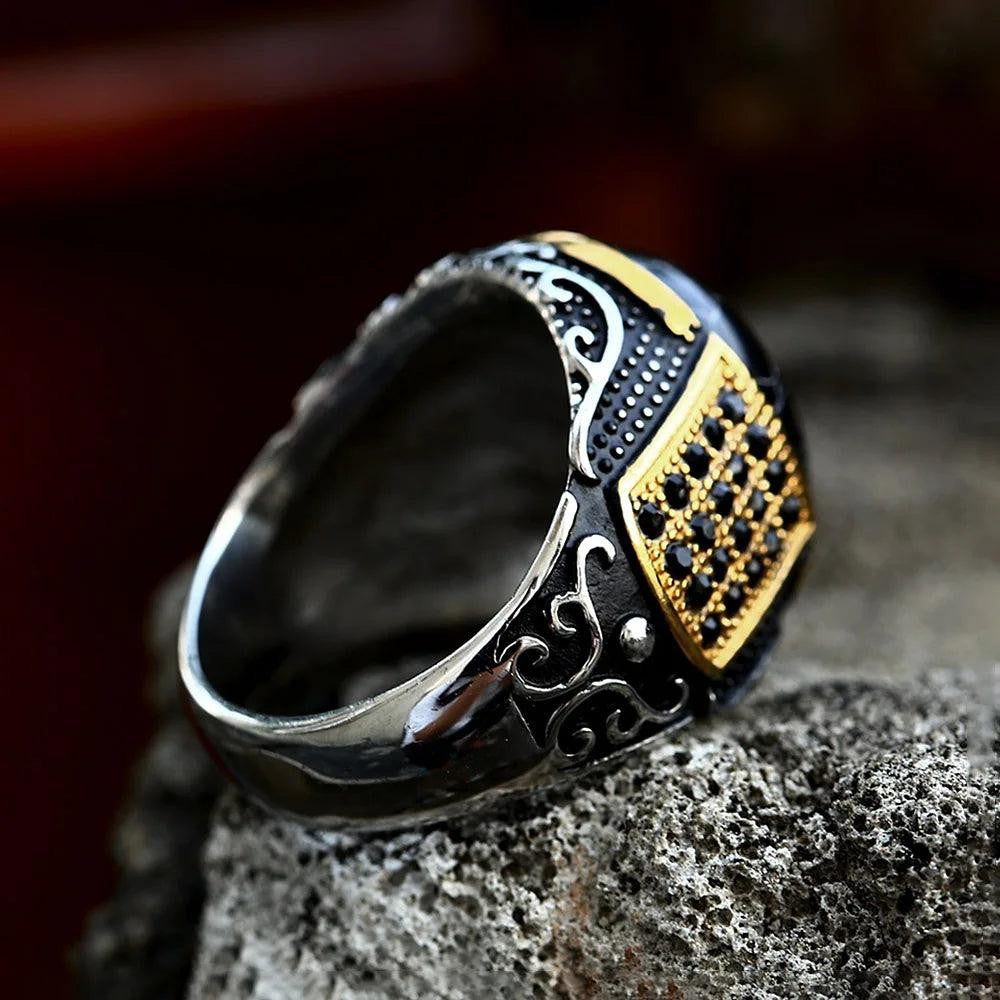 1️⃣ Gothic Black Stone Ring Gold Stainless Steel Punk Biker Ring Men