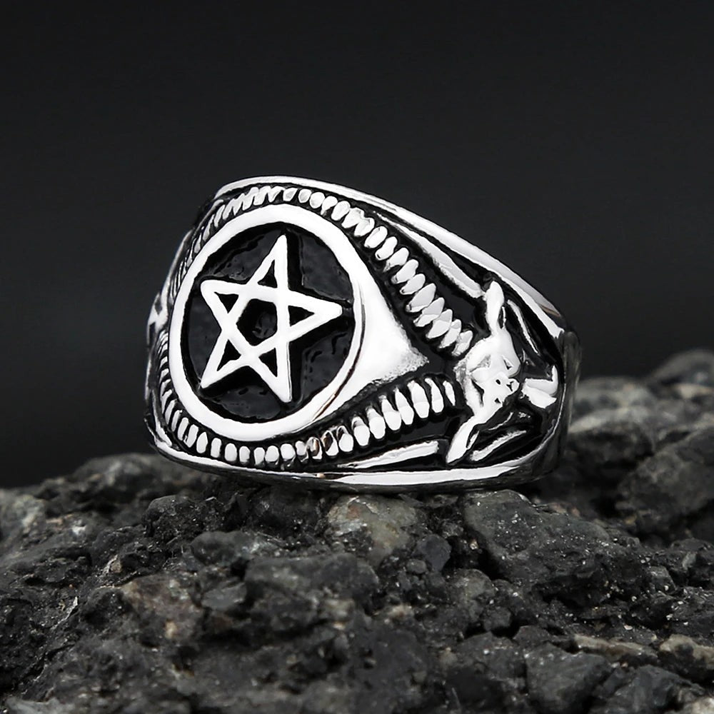 Vintage Pentagram Ring Stainless Steel – Gothic Goat Devil Demon Biker Ring