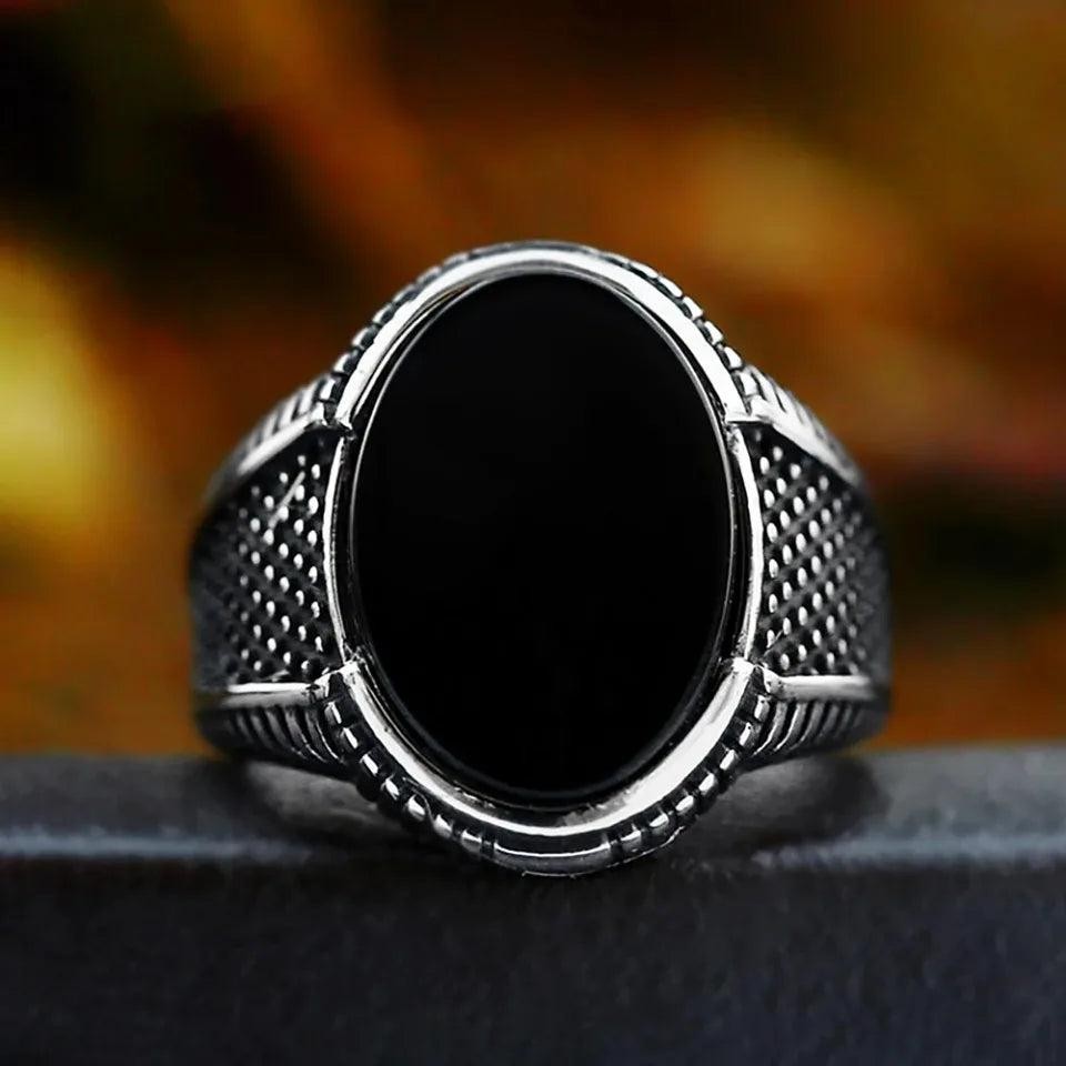 Natural Black Agate Vintage Gothic Ring 316L Stainless Steel  Turkish  Punk Ring
