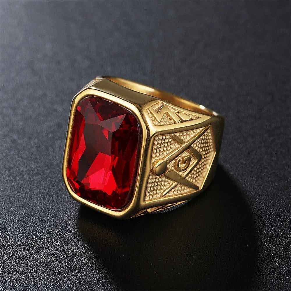 1️⃣ Masonic Square Stone Ring Blue Red Black Stainless Steel Biker Ring Men