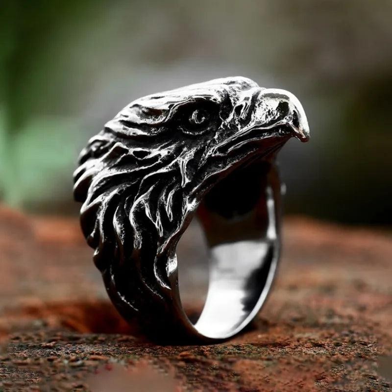 316L Stainless Steel Viking Eagle Ring | Detailed Punk Biker Amulet Ring for Men