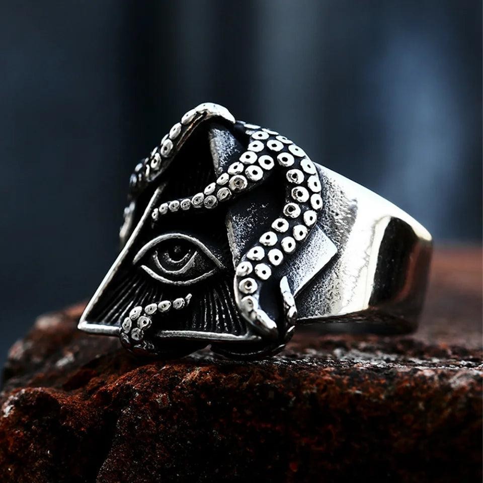 All Seeing Eye Octopus Ring Stainless Steel Punk Amulet Ring Men Women