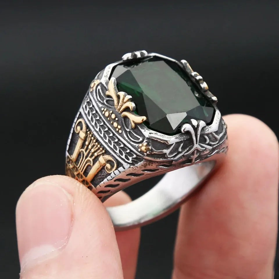 316L Stainless Steel Green Stone Turkish Signet Ring Punk Biker Men Women