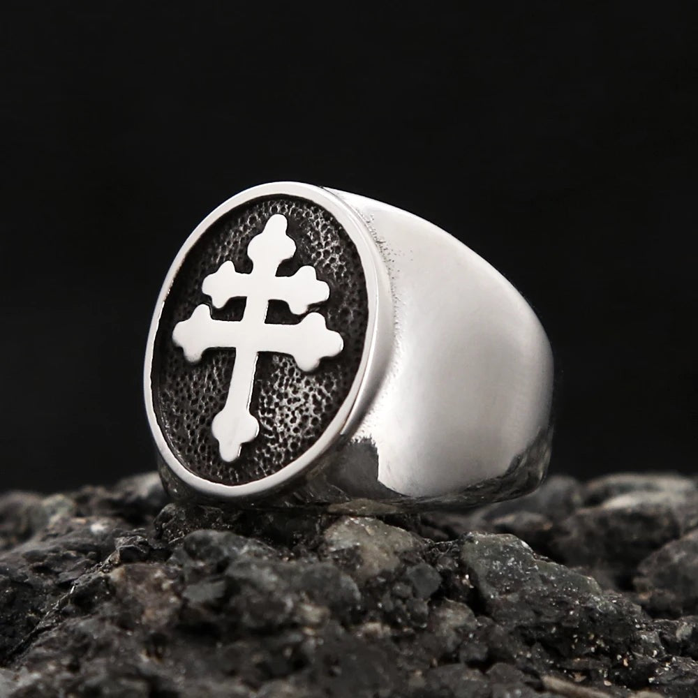 Cross of Lorraine Ring Stainless Steel – Classic Catholic Signet Ring Unisex