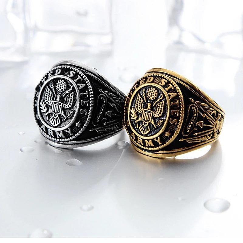 1️⃣ US Army Military Ring Stainless Steel Eagle Ring Gold Silver Men