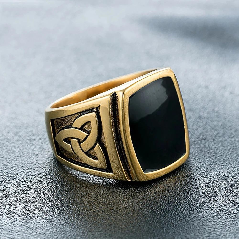 1️⃣ Nordic Viking Celtic Knot Ring Black Stone Stainless Steel Ring Men