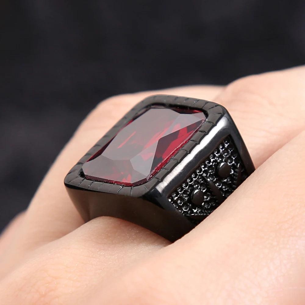 Stainless Steel Red Stone Square Ring – Punk Biker Black Leaf Ring for Men