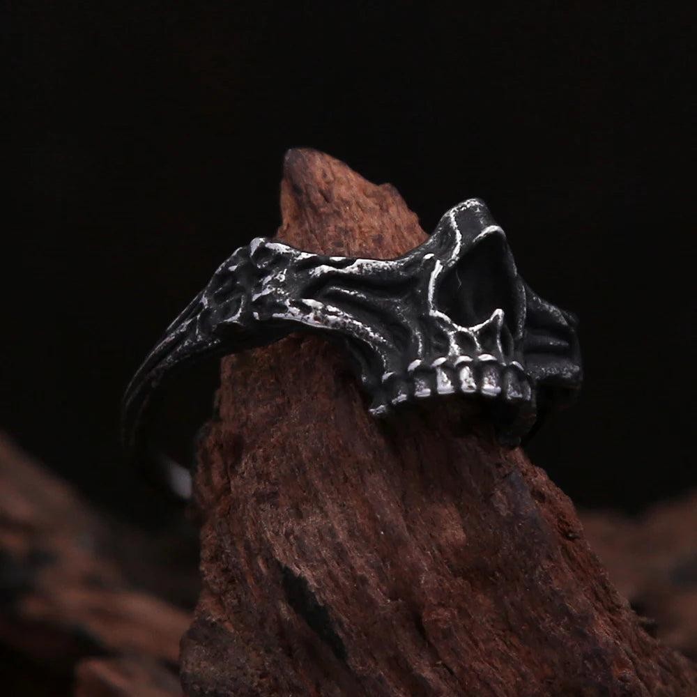 316L Stainless Steel Black Skull Ring | Gothic Punk Rock Skeleton Ring for Men W