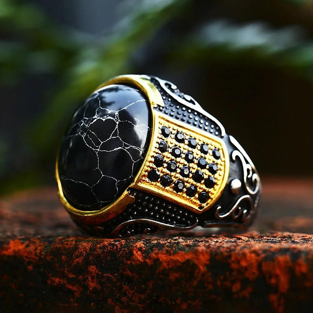 1️⃣ Gothic Black Stone Ring Gold Stainless Steel Punk Biker Ring Men