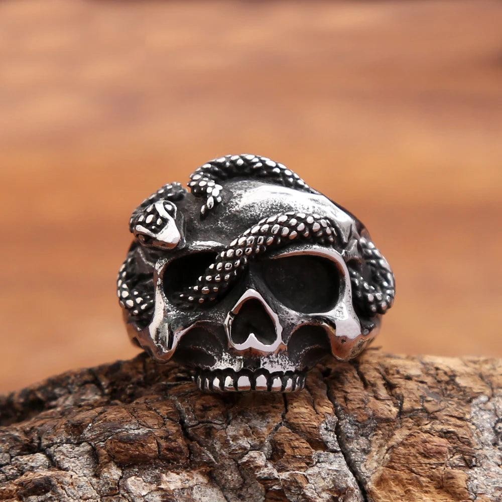 Gothic Skull Snake Ring Stainless Steel Punk Vintage Ring Men Women